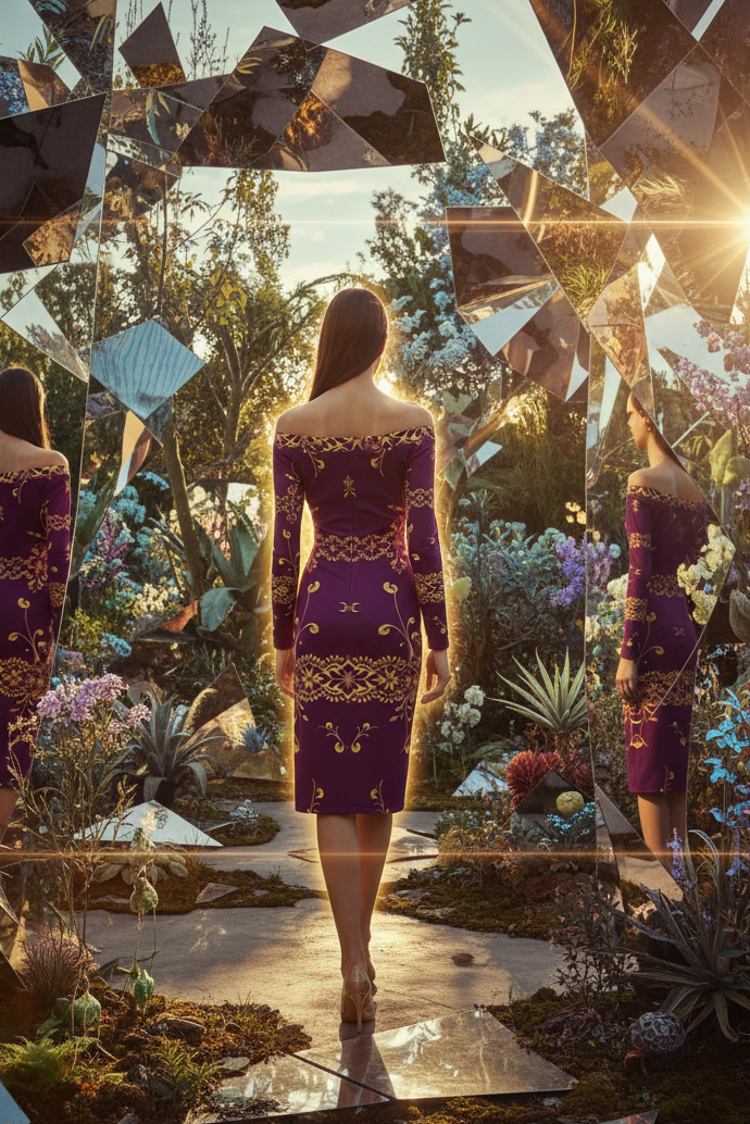 Woman wearing a purple gold off-shoulder midi dress standing in a garden with reflective mirrors