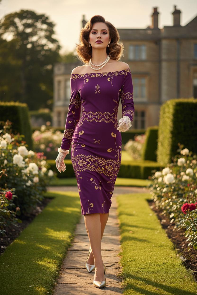 Purple gold off-shoulder midi dress with long sleeves and intricate designs from Angelic Blessings Shop