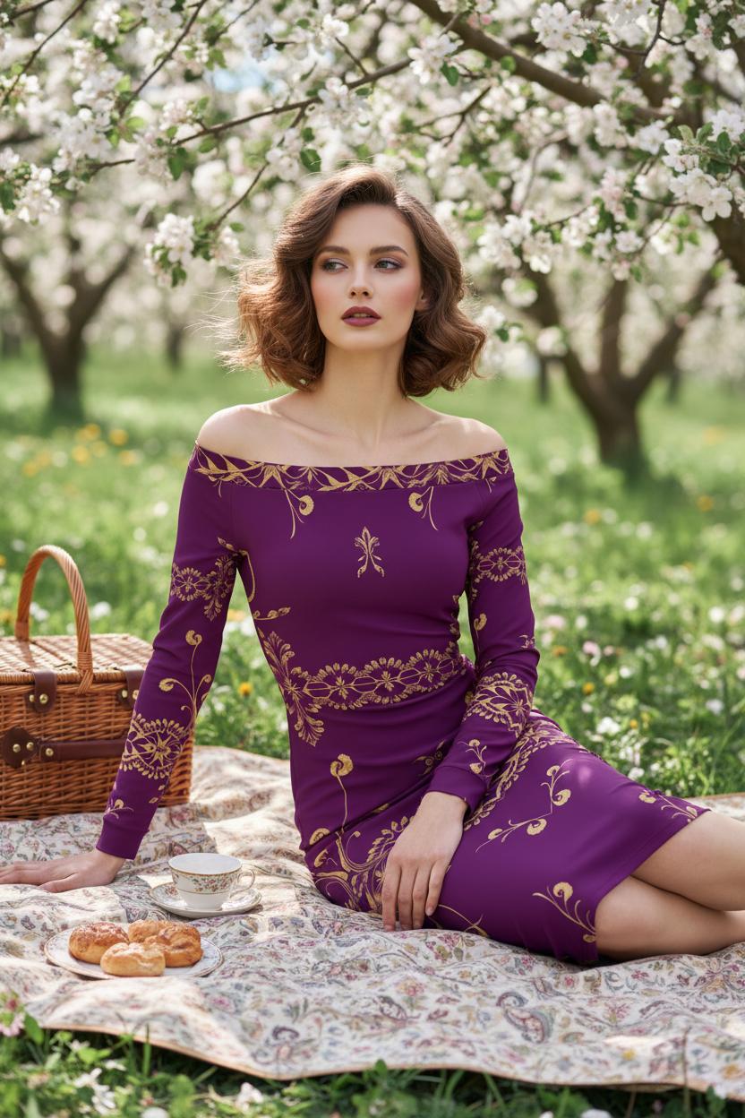 Purple gold off-shoulder midi dress worn by woman sitting on picnic blanket in blooming orchard