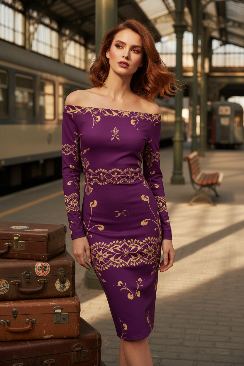 Purple gold off-shoulder midi dress with long sleeves and intricate gold patterns by Angelic Blessings Shop