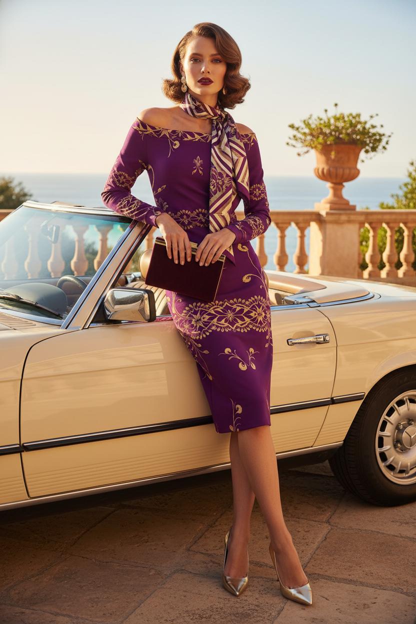 Woman wearing purple gold off-shoulder midi dress leaning on vintage car at sunset