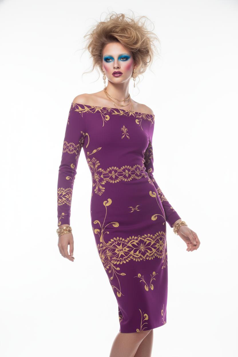 Purple gold off-shoulder midi dress by Angelic Blessings Shop featuring intricate gold patterns on fitted purple fabric