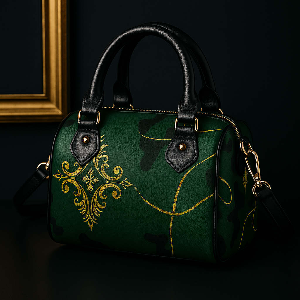 Camo Baroque Gold Military leather crossbody mini bag with elegant outfit and evening style
