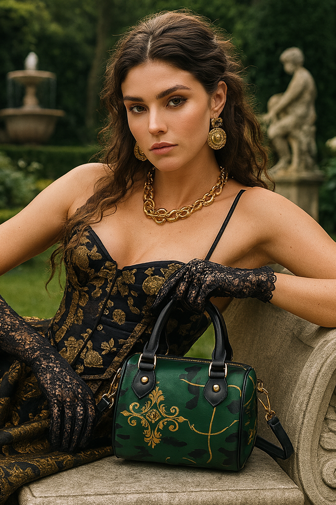 Camo Baroque Gold Ornamental Military leather crossbody mini bag with Elegant Evening Outfit