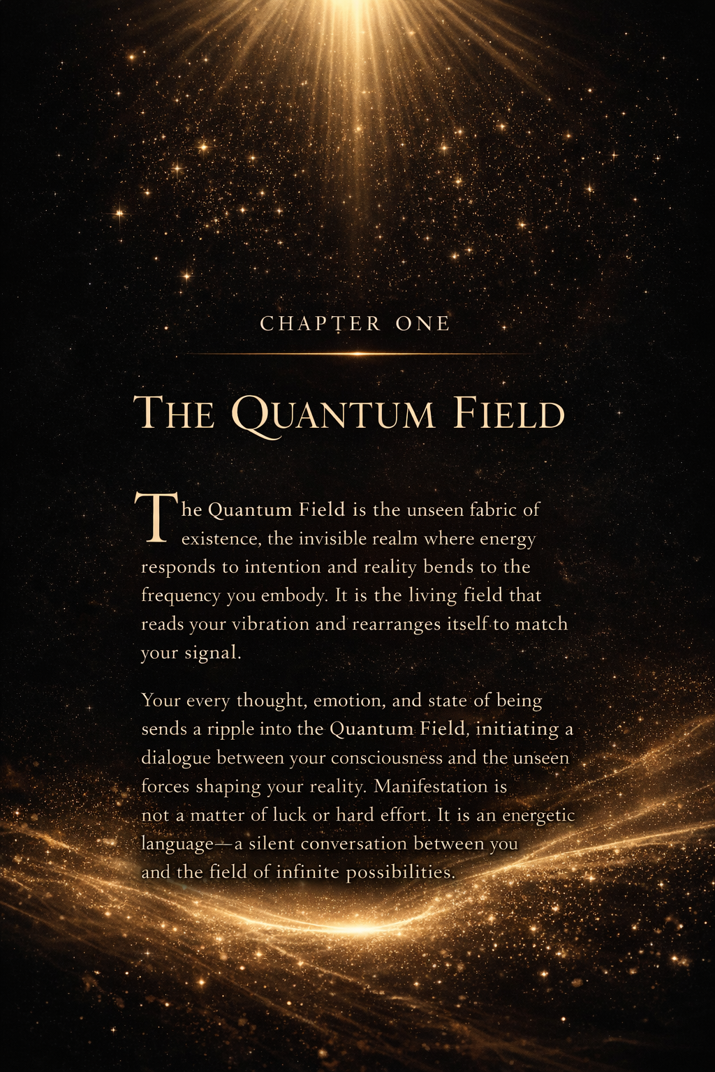 Minimalist black and gold spiritual book interior design with quantum manifestation theme