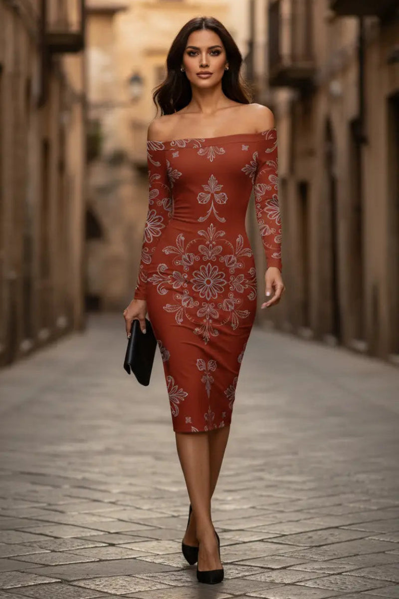Angelic Blessings Shop quiet luxury European fashion dress in rust with floral pattern and off-shoulder design