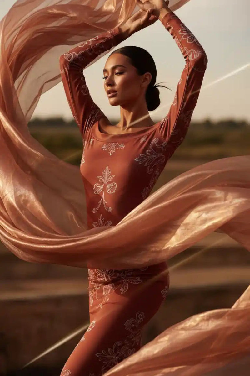 Angelic Blessings Shop quiet luxury European fashion dress with elegant floral patterns on model