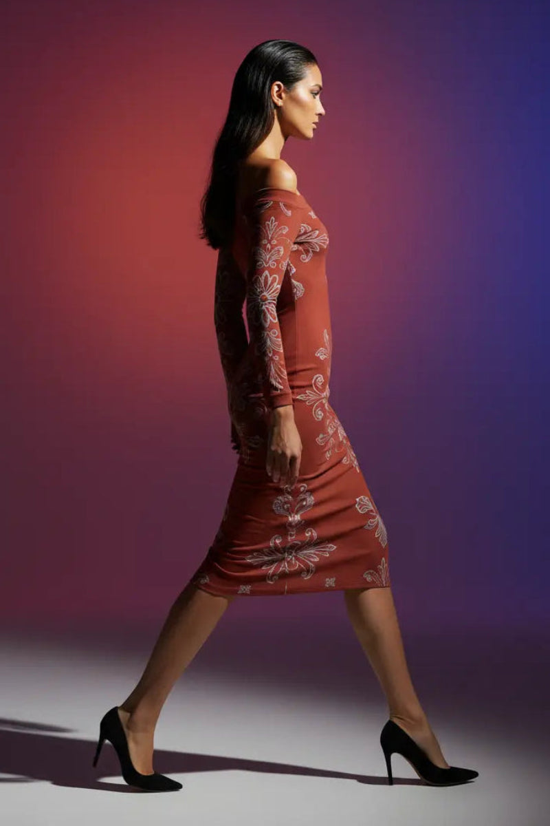 Angelic Blessings Shop quiet luxury European fashion dress brown floral off shoulder midi style