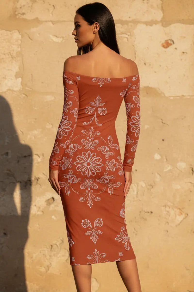 Angelic Blessings Shop quiet luxury European fashion dress in rust with floral patterns and off-shoulder design