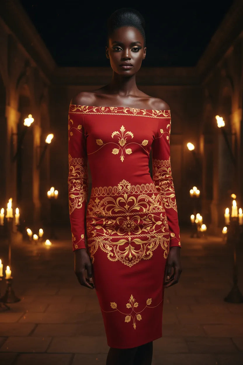 Powerful woman wearing a red baroque statement midi dress styled for modern feminine authority.