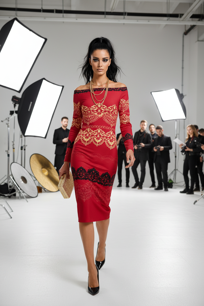 Red Black Bodycon Dress Elegant Evening Outfit with Lace Detail