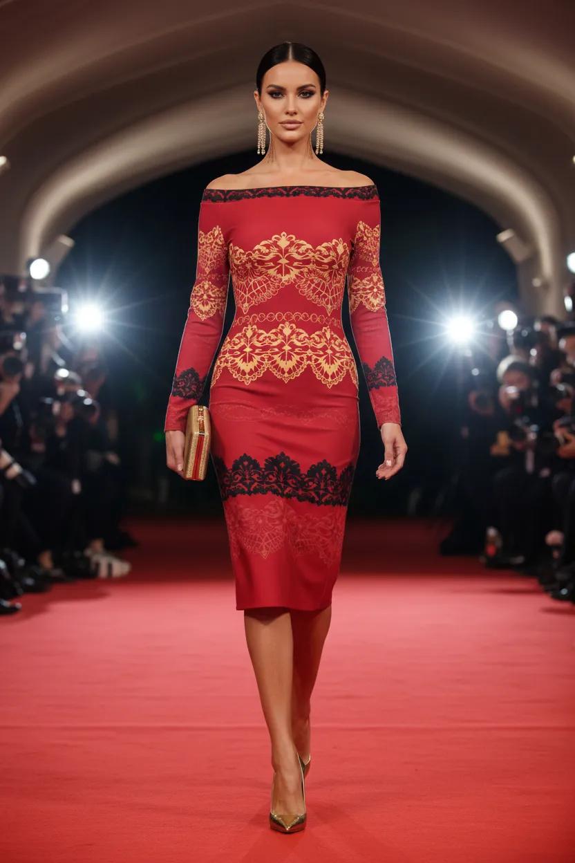 Red Black Bodycon Dress Elegant Evening Outfit with Lace 
