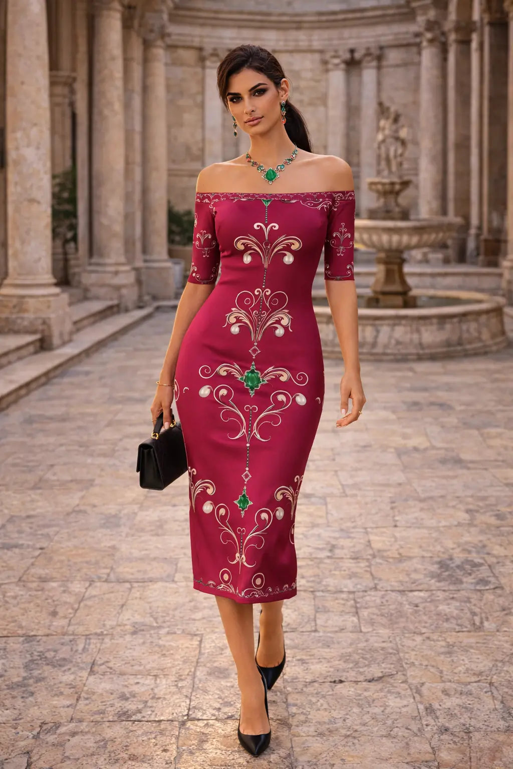 Off Shoulder And Bodycon Dress Elegant Evening Outfit with Floral Embroidery