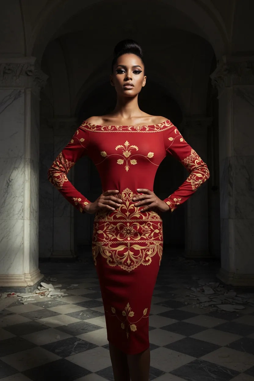 Editorial night look featuring a red and gold baroque midi dress styled for bold women.