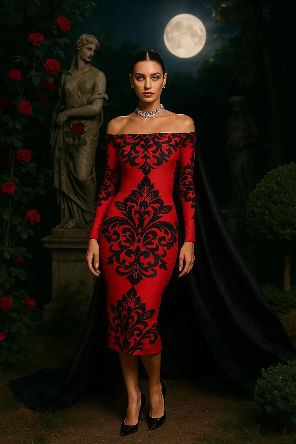 Luxury POD red gothic bodycon midi dress with black intricate patterns worn in moonlit garden