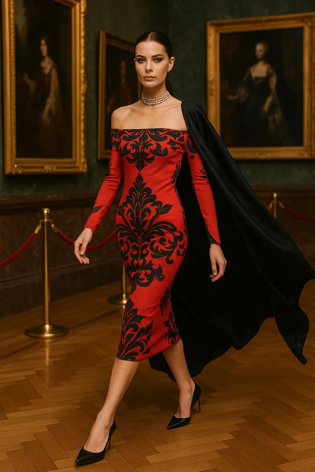Model wearing a red gothic bodycon midi dress with black floral patterns and off-shoulder design