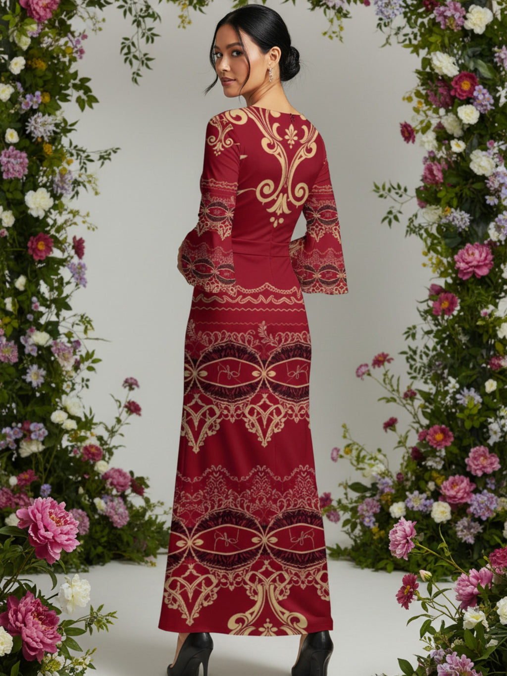 Angelic Blessings Shop long sleeve v-neck evening gown in red with gold intricate patterns and bell sleeves