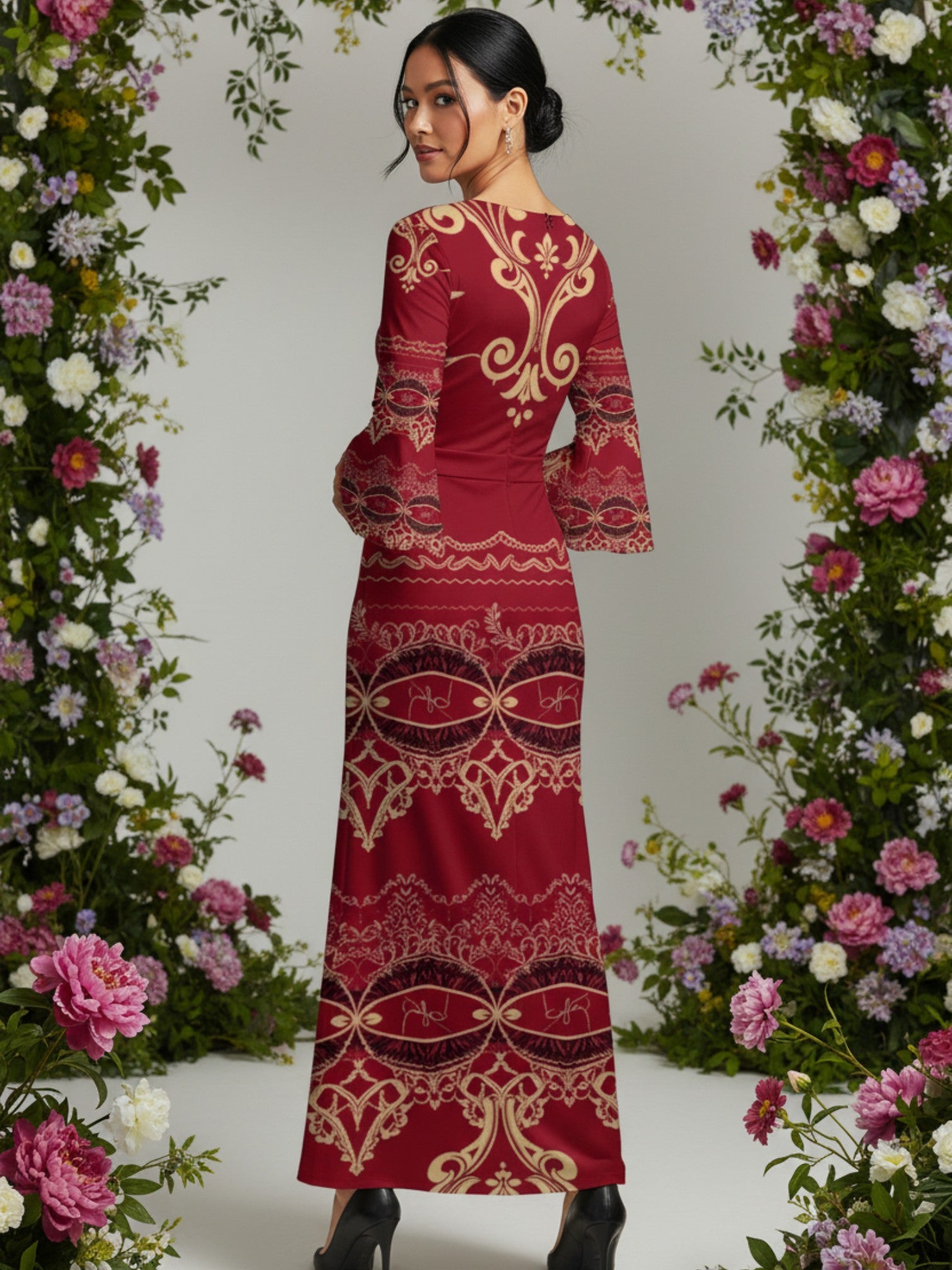 Angelic Blessings Shop long sleeve v-neck evening gown in red with gold intricate patterns and bell sleeves