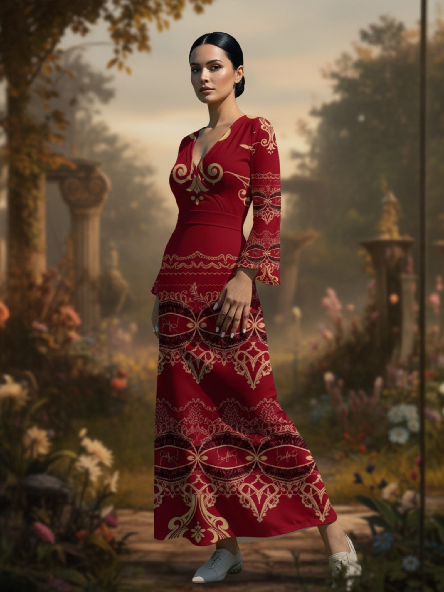 Angelic Blessings Shop long sleeve v-neck evening gown in red with gold patterns floor-length maxi dress