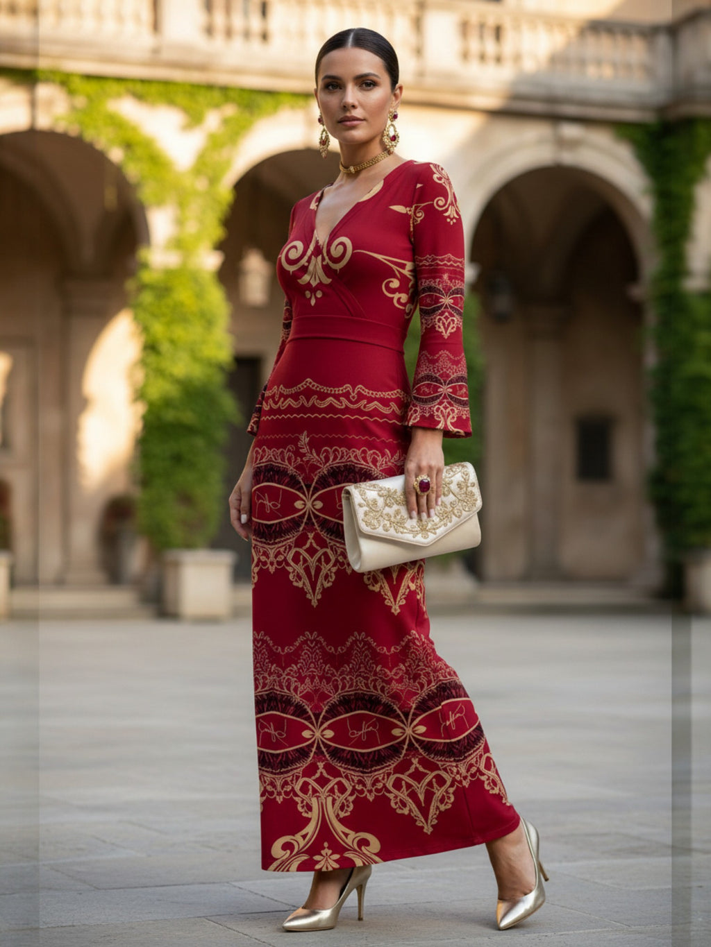 Angelic Blessings Shop long sleeve v-neck evening gown in red with gold patterns paired with gold heels and clutch
