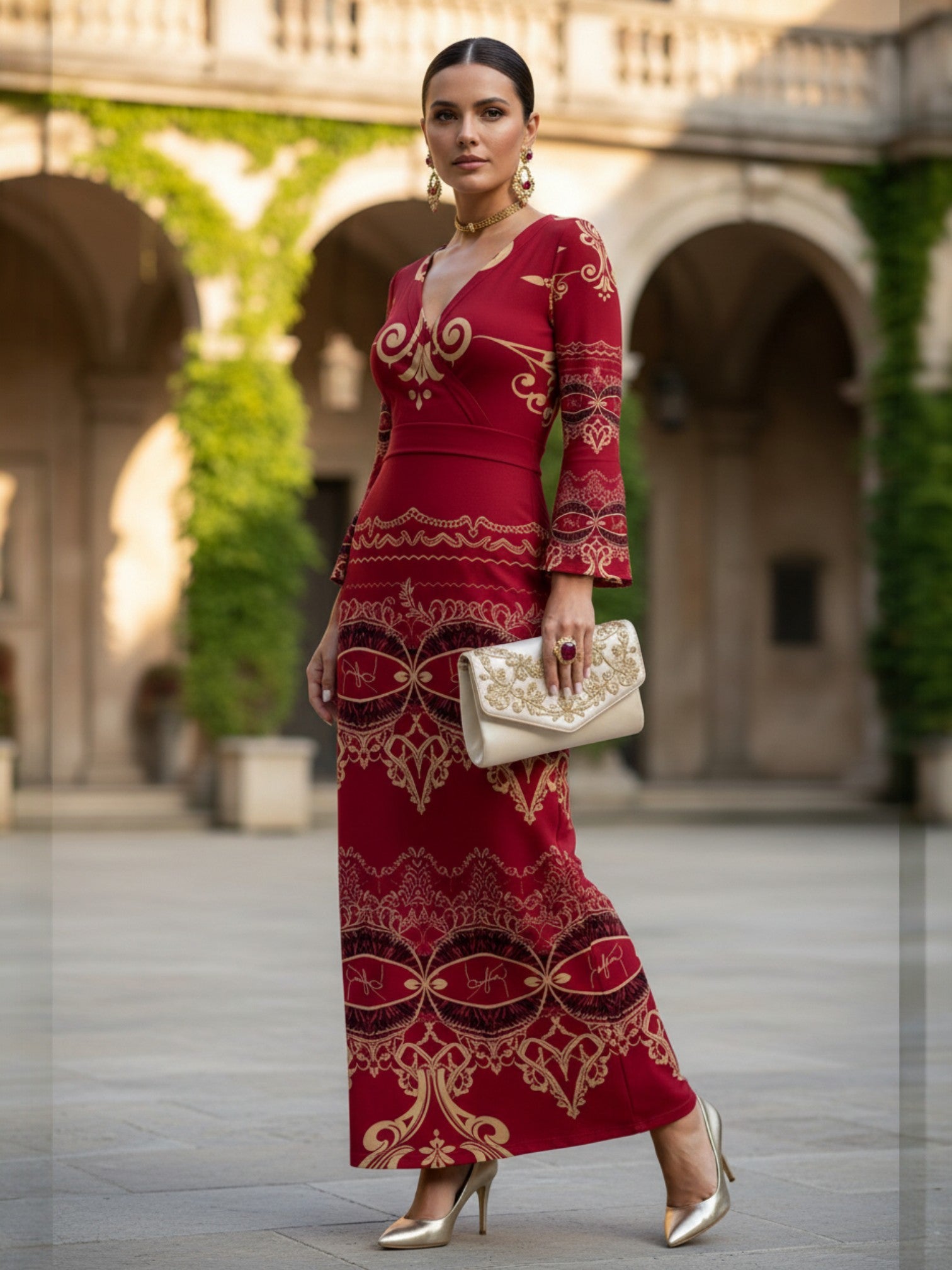 Angelic Blessings Shop long sleeve v-neck evening gown in red with gold patterns paired with gold heels and clutch