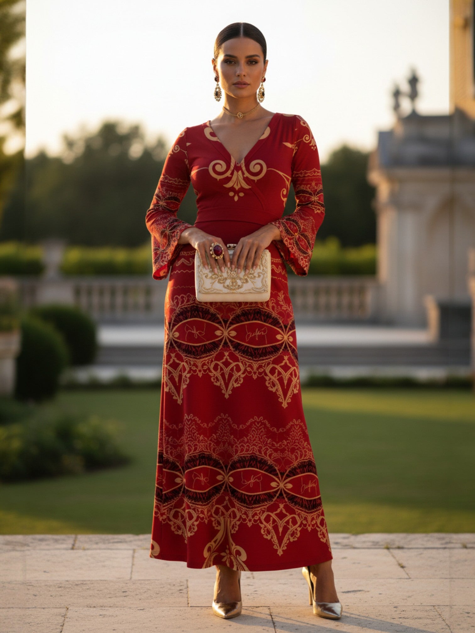 Angelic Blessings Shop long sleeve v-neck evening gown in red with gold patterns and flared sleeves