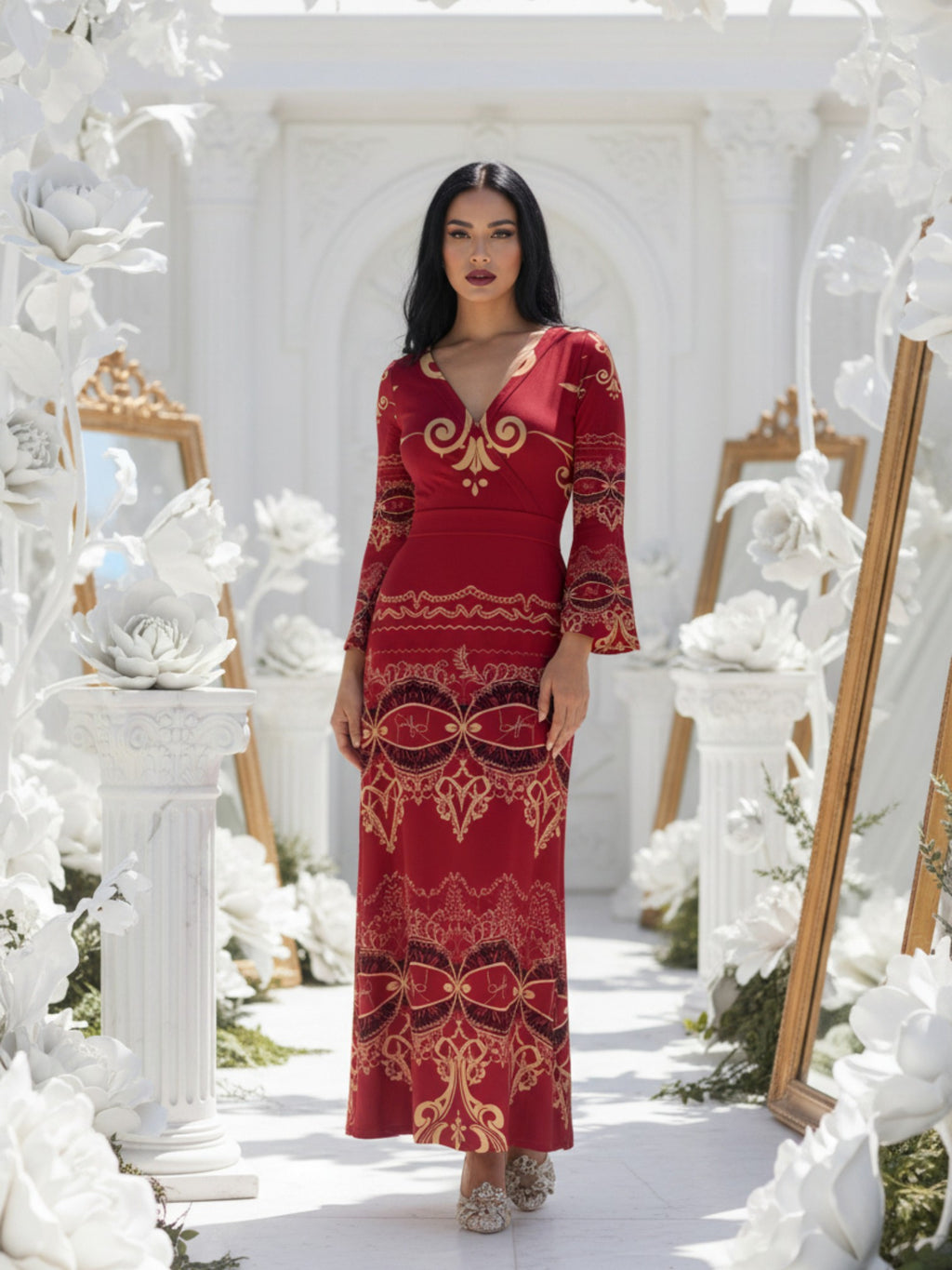 Angelic Blessings Shop red long sleeve v-neck evening gown maxi dress with intricate gold patterns