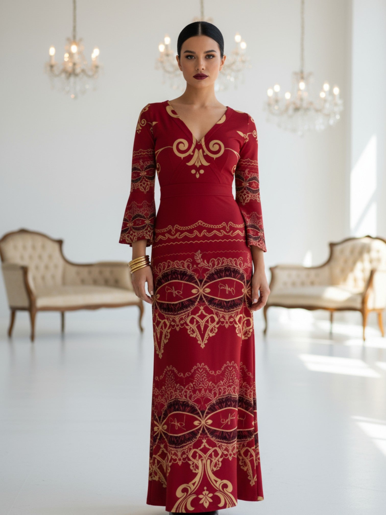 Angelic Blessings Shop long sleeve v-neck evening gown maxi dress with red and gold ipatterns