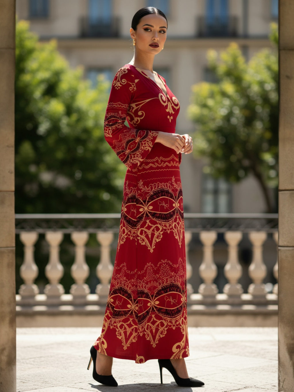 Red long sleeve v-neck evening gown maxi dress with gold pattern from Angelic Blessings Shop