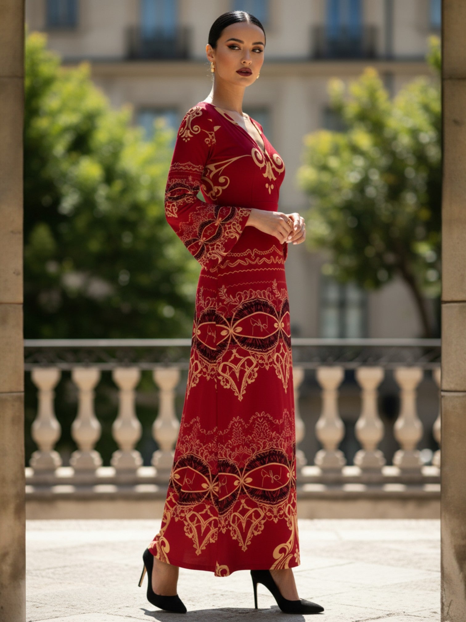 Red long sleeve v-neck evening gown maxi dress with gold pattern from Angelic Blessings Shop