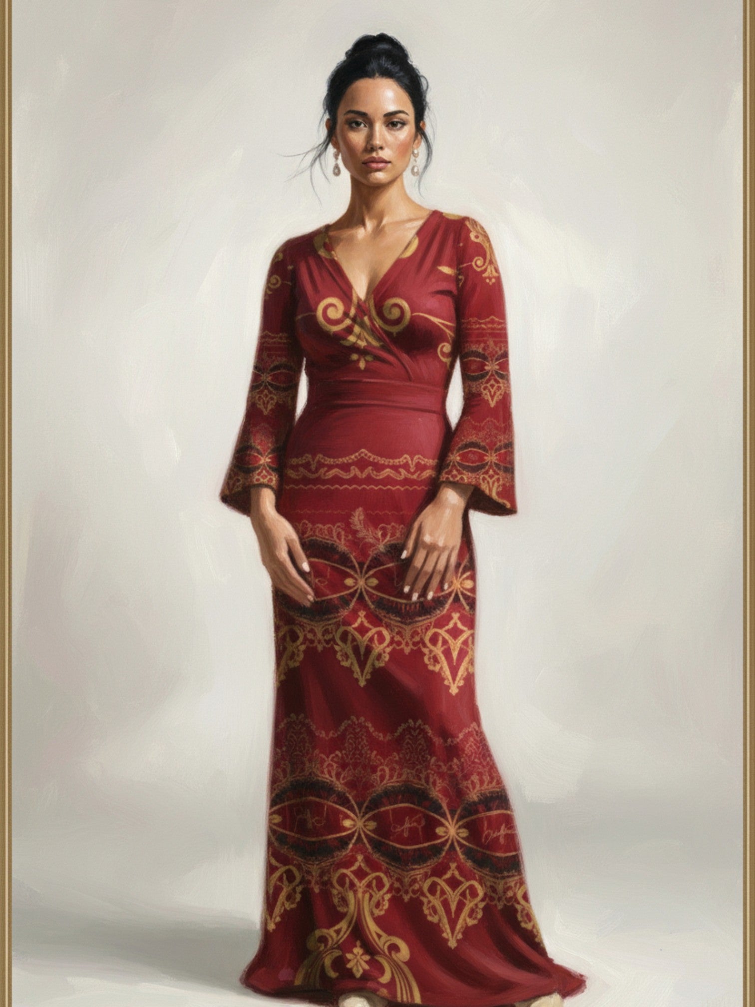 Angelic Blessings Shop long sleeve v-neck evening gown maxi dress in red with gold patterns