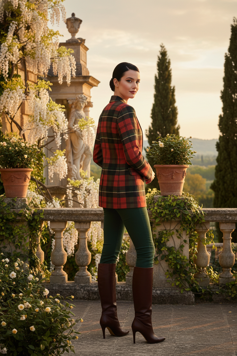 Close-up of the cotton red plaid blazer showing stitching and hyper-realistic tartan pattern.