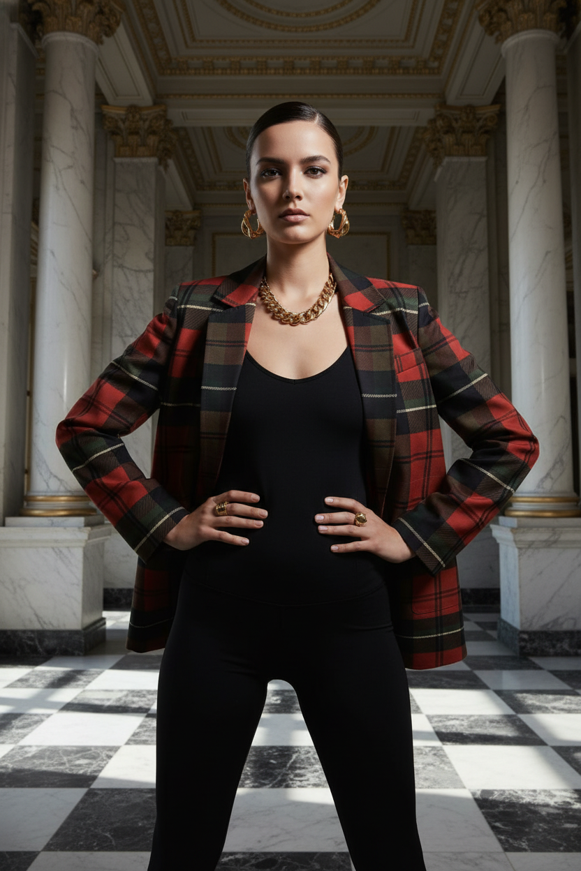 Close-up of the cotton red plaid blazer showing stitching and hyper-realistic tartan pattern.