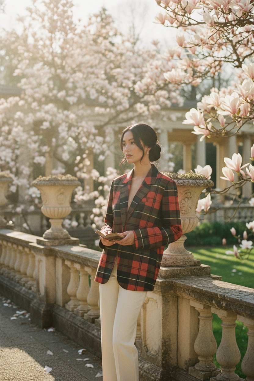Women’s red tartan blazer styled in old-money fashion with vintage elegance.
