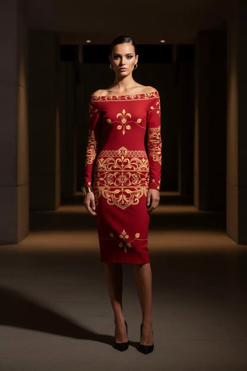 Red statement dress styled with bold heels and a structured handbag for a powerful women’s look.