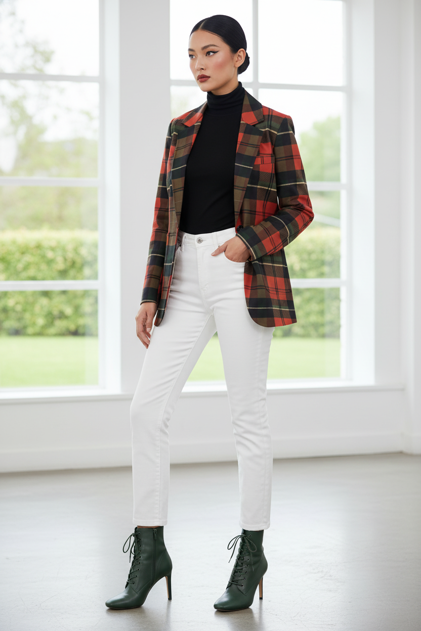 Red tartan women’s blazer in a structured plaid pattern, breathable cotton fabric and flat lapel collar.