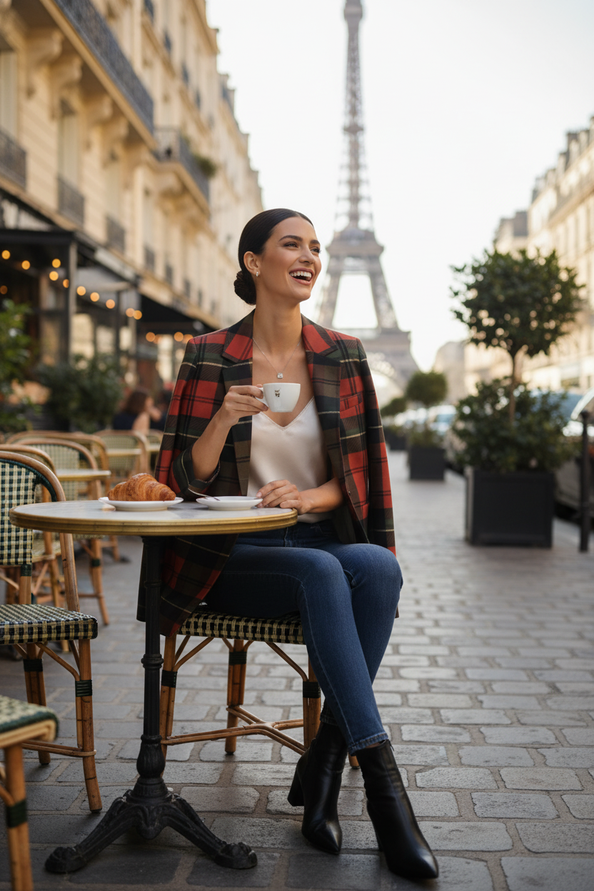 Editorial portrait of a woman in a red tartan blazer with vintage makeup styling.