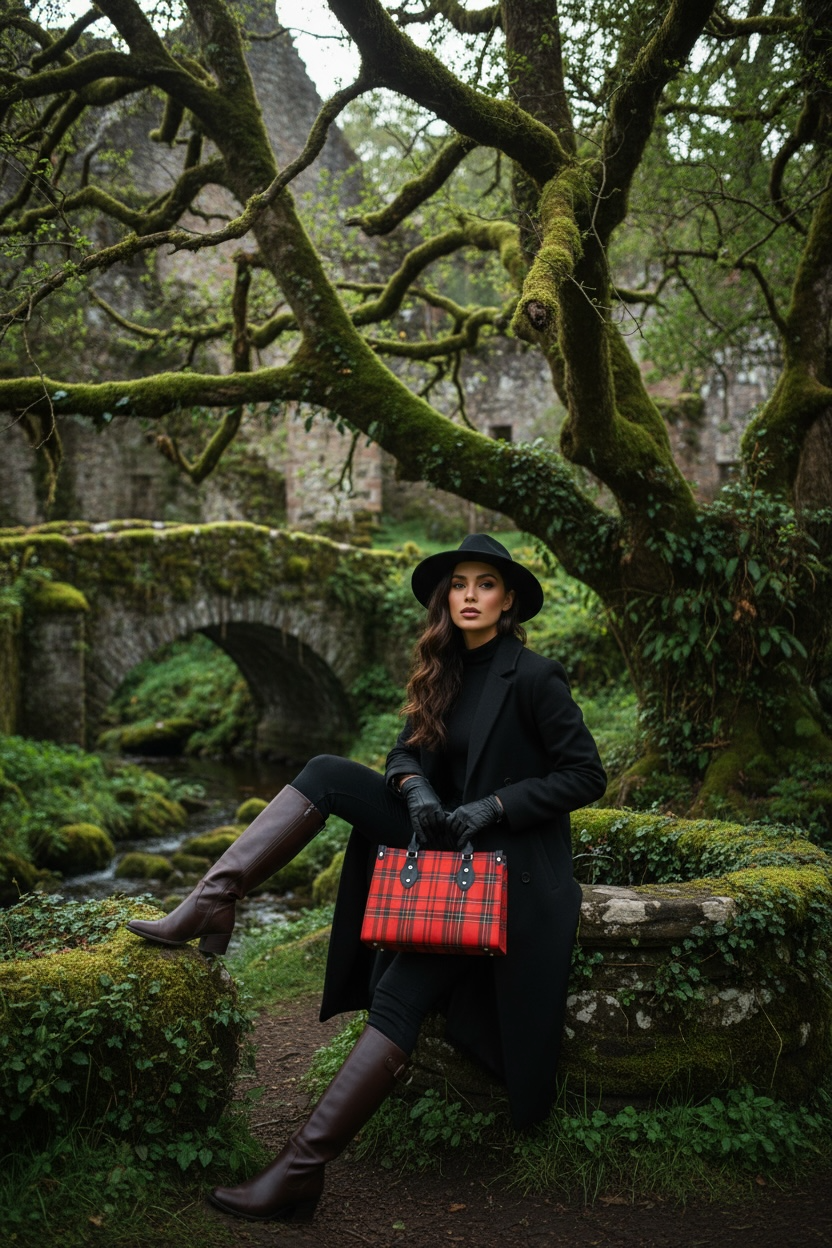 Designer red tartan tote bag for modern women