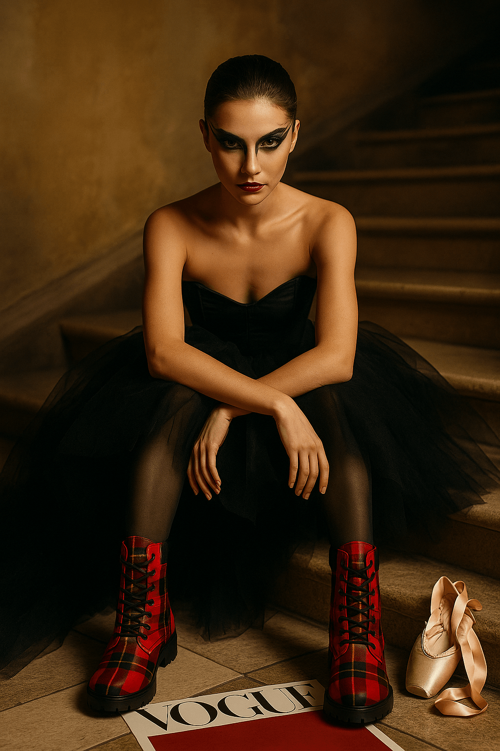 Red tartan vegan leather boots worn with black tulle dress sitting on stairs near ballet pointe shoes and Vogue magazine