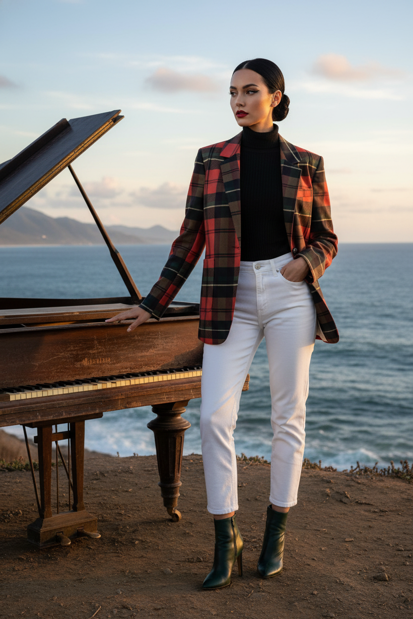 Front view of a women’s red tartan blazer made from 100% cotton, classic Scottish plaid design in XS–5XL.