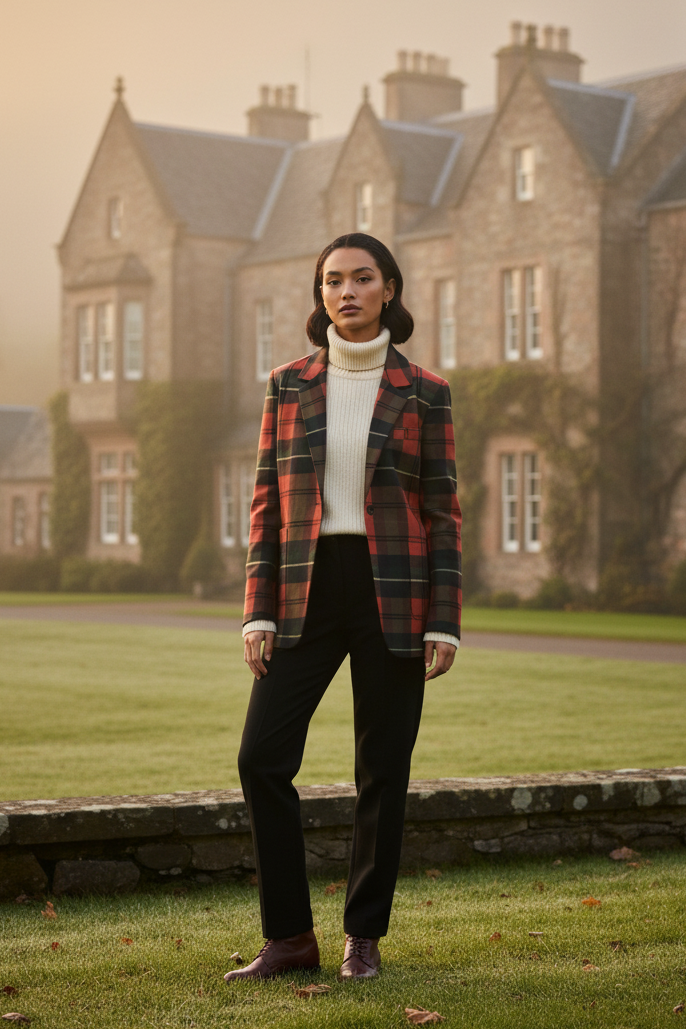Lifestyle editorial shot of a woman wearing a red tartan cotton blazer in classic fashion styling.