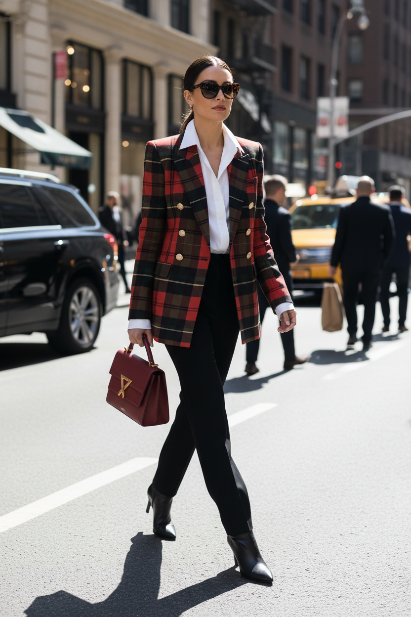 Fabric texture close-up of the red tartan blazer highlighting plaid pattern and cotton weave.