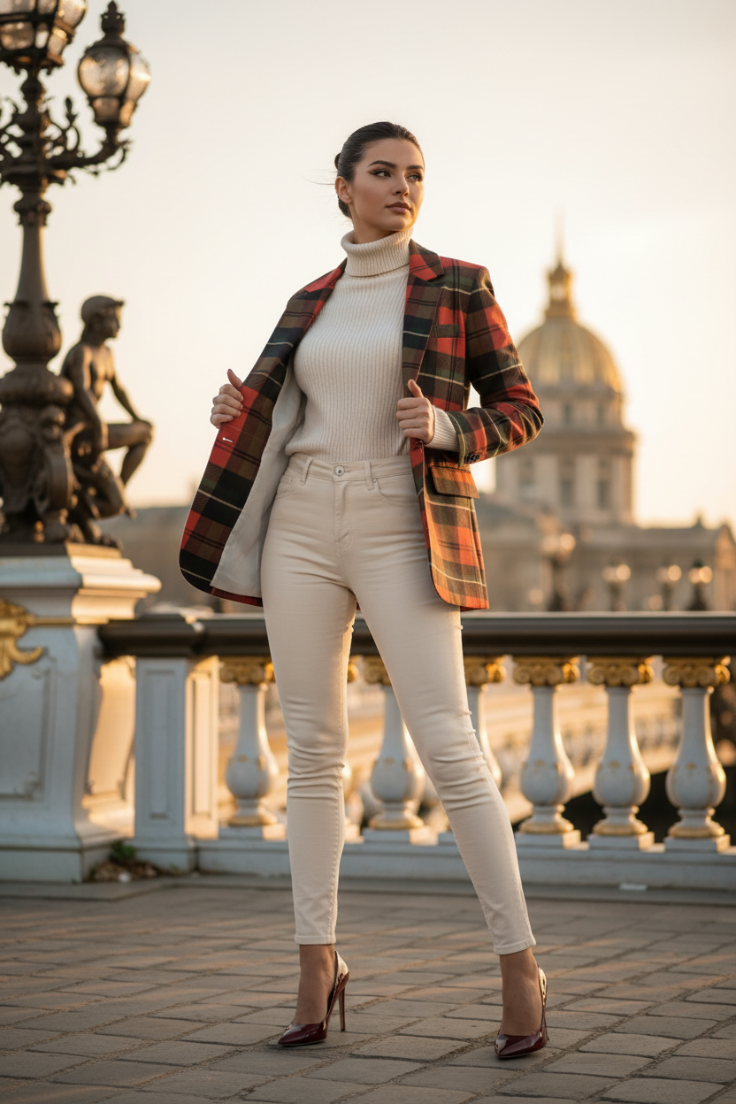 Fabric texture close-up of the red tartan blazer highlighting plaid pattern and cotton weave.