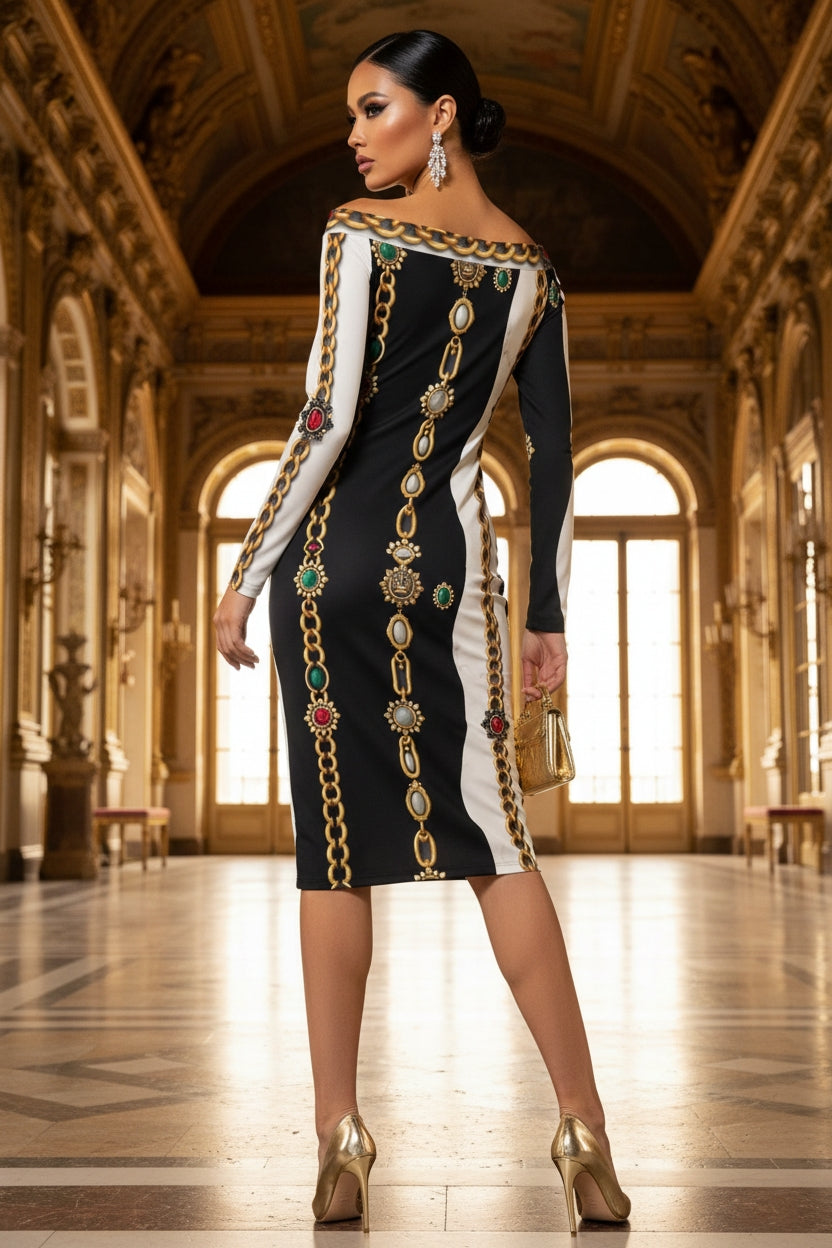 Back view of Angelic Blessings regalia stone chain pencil dress in black with baroque chain pattern, perfect for formal occasions
