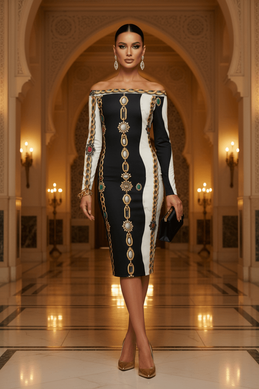 Angelic Blessings regalia stone chain pencil dress in black and white baroque pattern front view for formal occasions