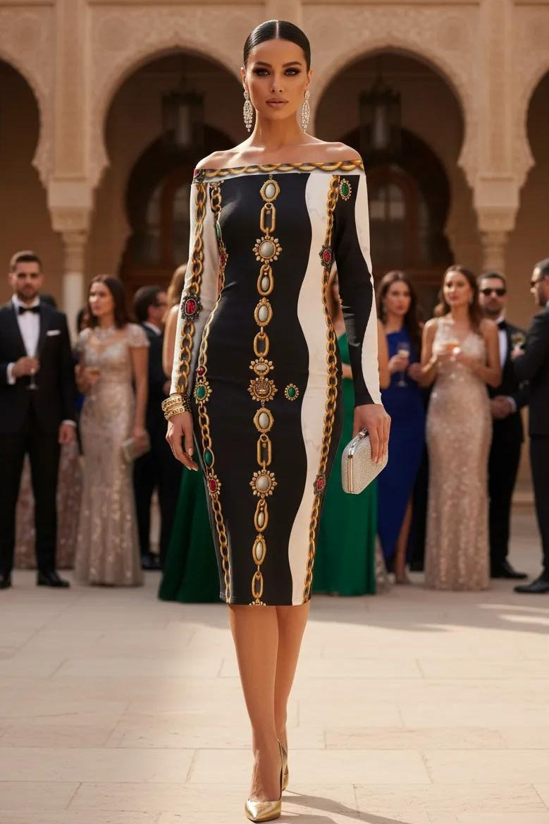 Angelic Blessings regalia stone chain pencil dress in black with gold chain pattern front view for formal occasions