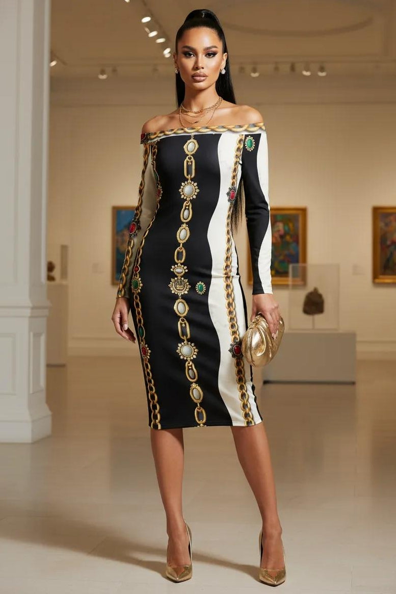 Angelic Blessings regalia stone chain pencil dress black and white baroque pattern front view elegant evening outfit