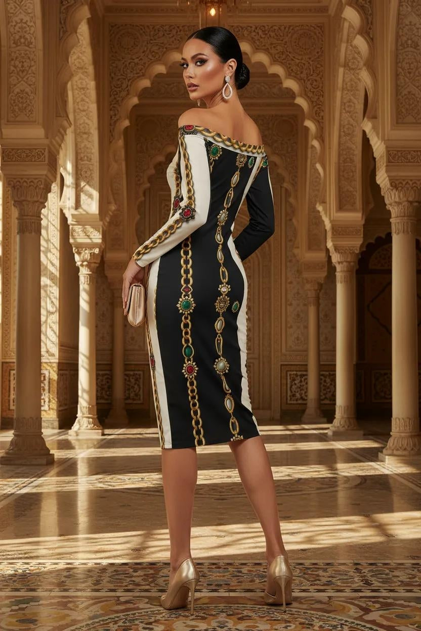 Angelic Blessings regalia stone chain pencil dress black baroque pattern back view formal occasion