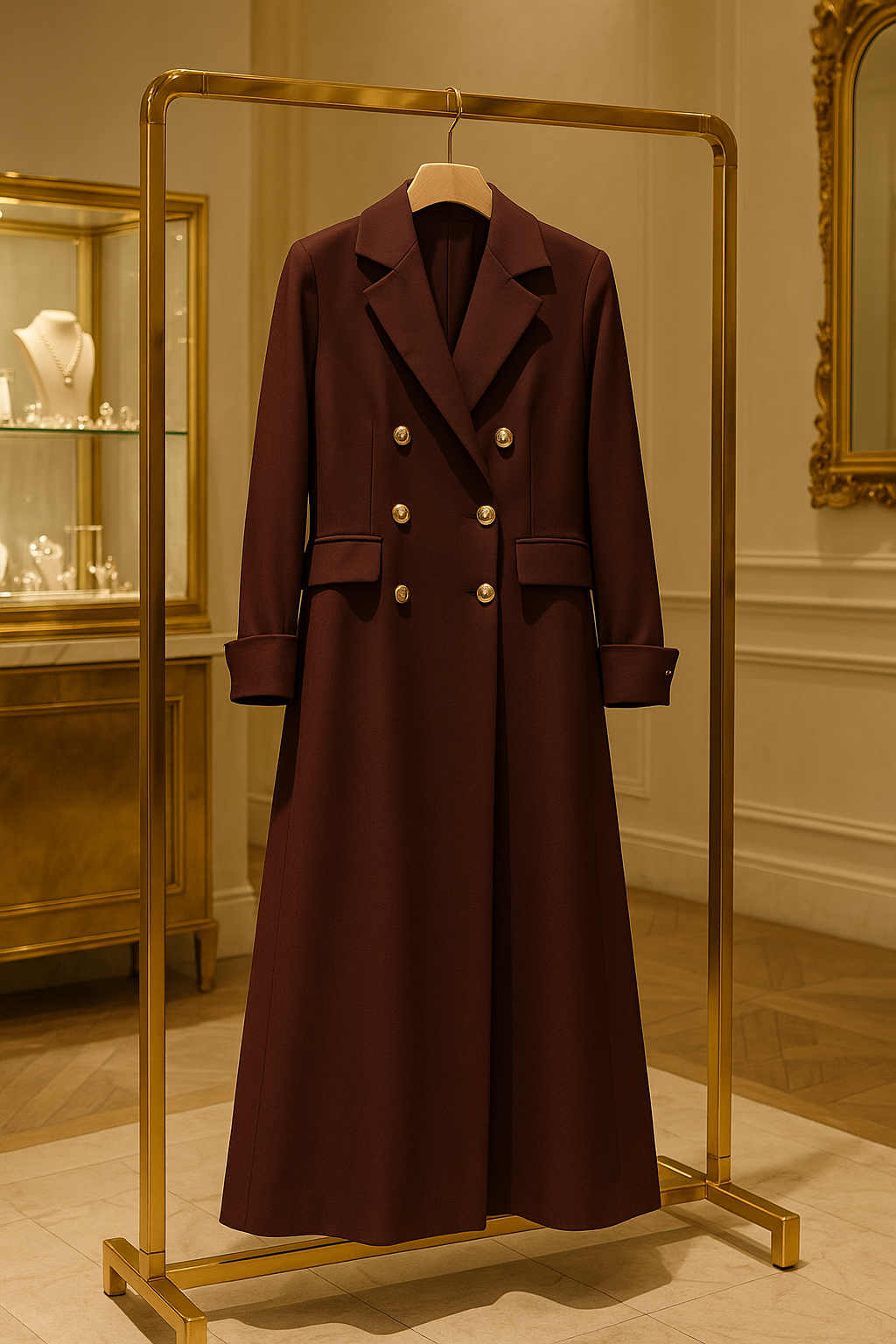 Luxury burgundy trench coat women double-breasted with gold buttons on hanger in elegant setting