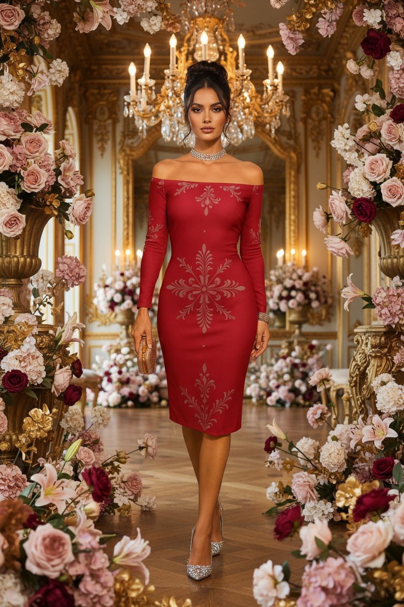Rose Baroque Women's Off-The-Shoulder midi dress in red with intricate patterns worn by a model in a luxurious floral and chandelier setting